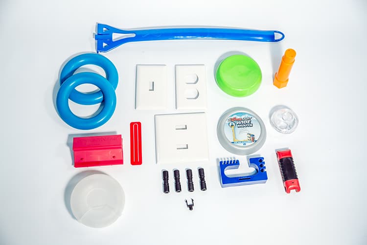 Array of products manufactured using plastic injection molding