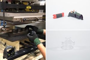 A Three-Part Image With A Person Using Machinery To Create A Product And Two Examples Of Final Products